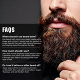 Close-up of a man with a beard and FAQs text about using beard balm.