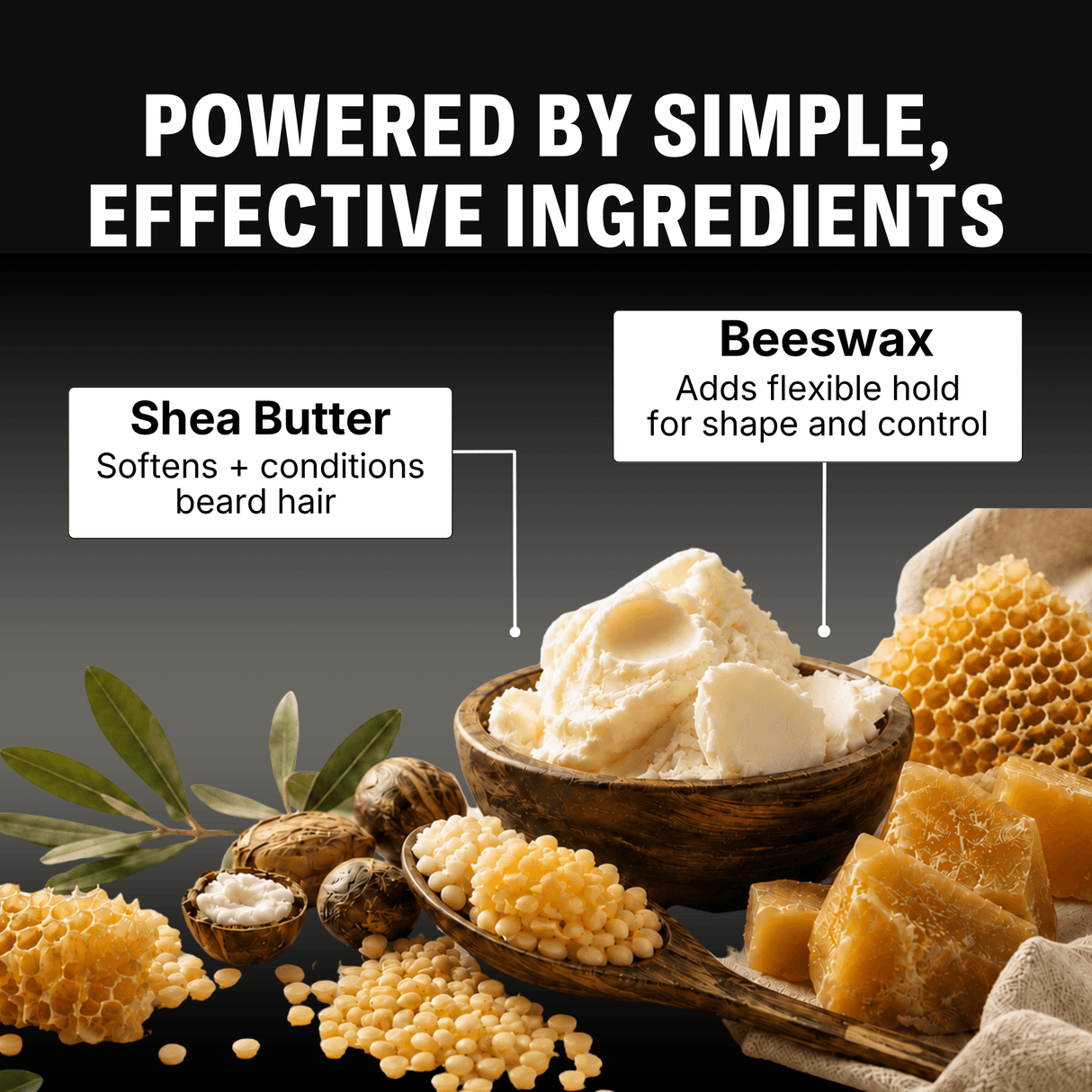 Shea butter, beeswax, and other natural ingredients with text on a black background