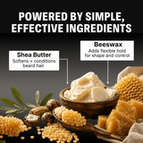 Shea butter, beeswax, and other natural ingredients with text on a black background