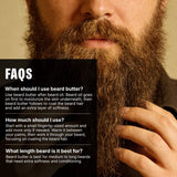 Close-up of a person with a beard applying beard butter, with text on how to use it.
