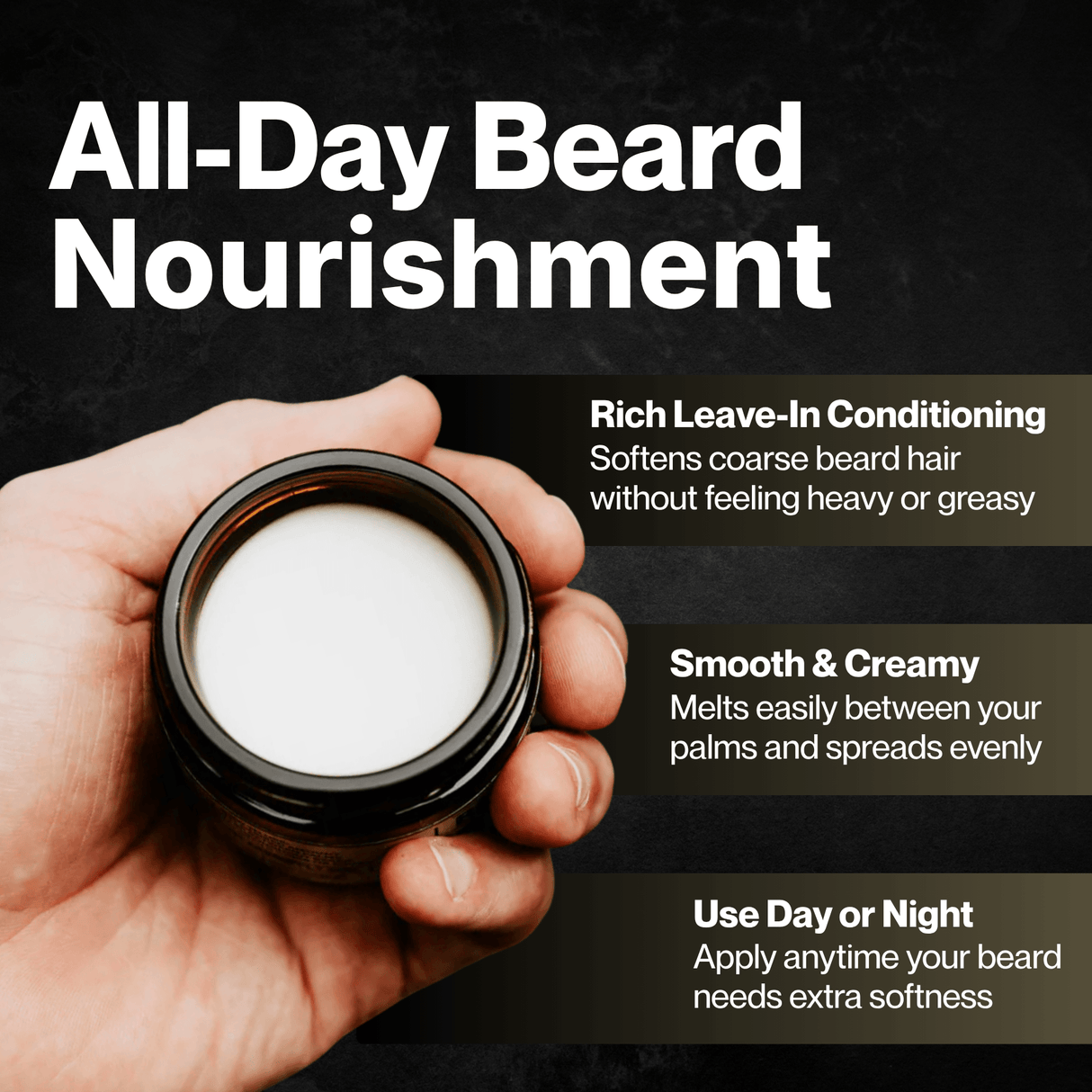Hand holding a jar of beard butter with benefits on a dark background