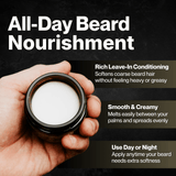 Hand holding a jar of beard butter with benefits on a dark background