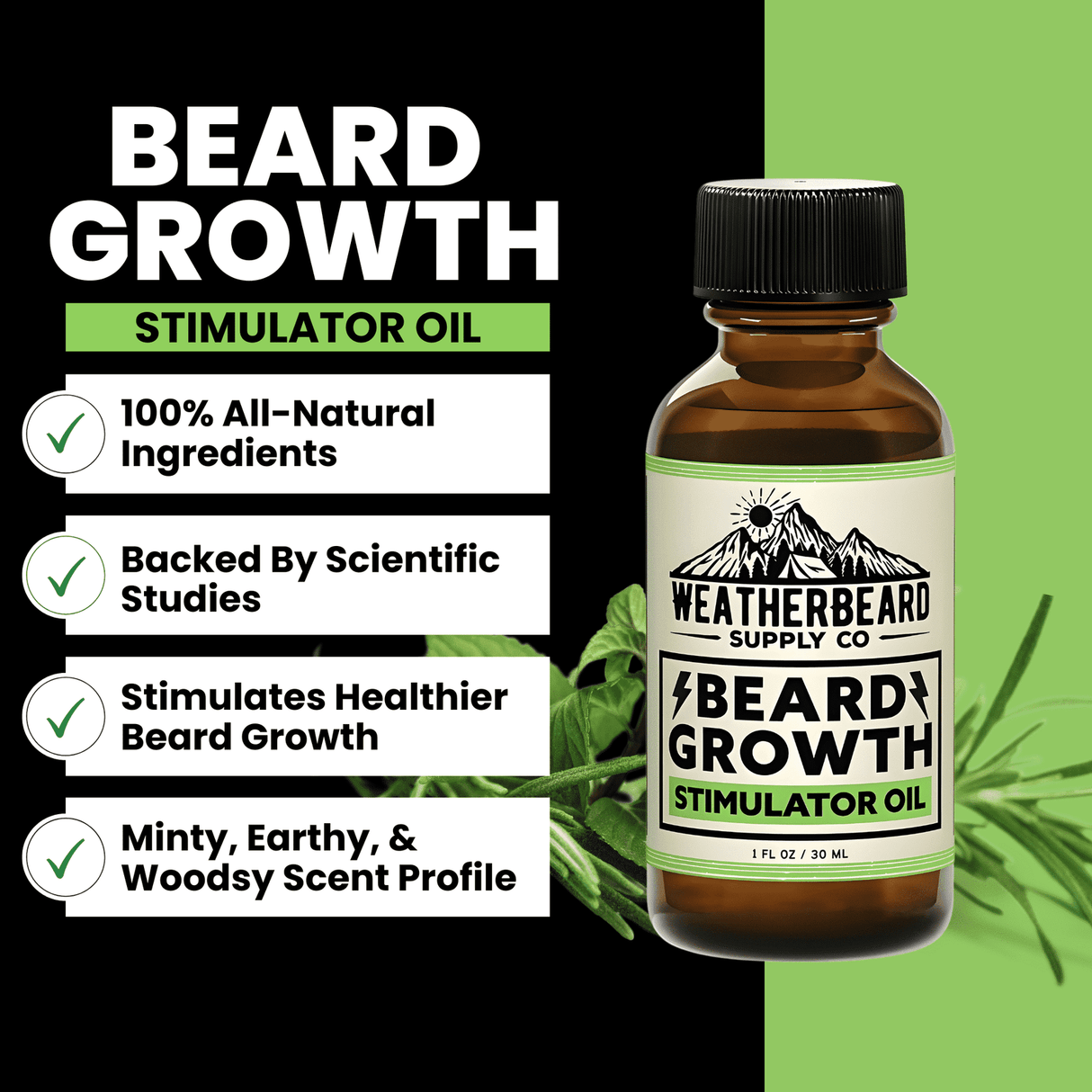 Bottle of Weatherbeard Supply Co. beard growth stimulator oil with product details on a green and black background.