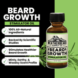 Bottle of Weatherbeard Supply Co. beard growth stimulator oil with product details on a green and black background.