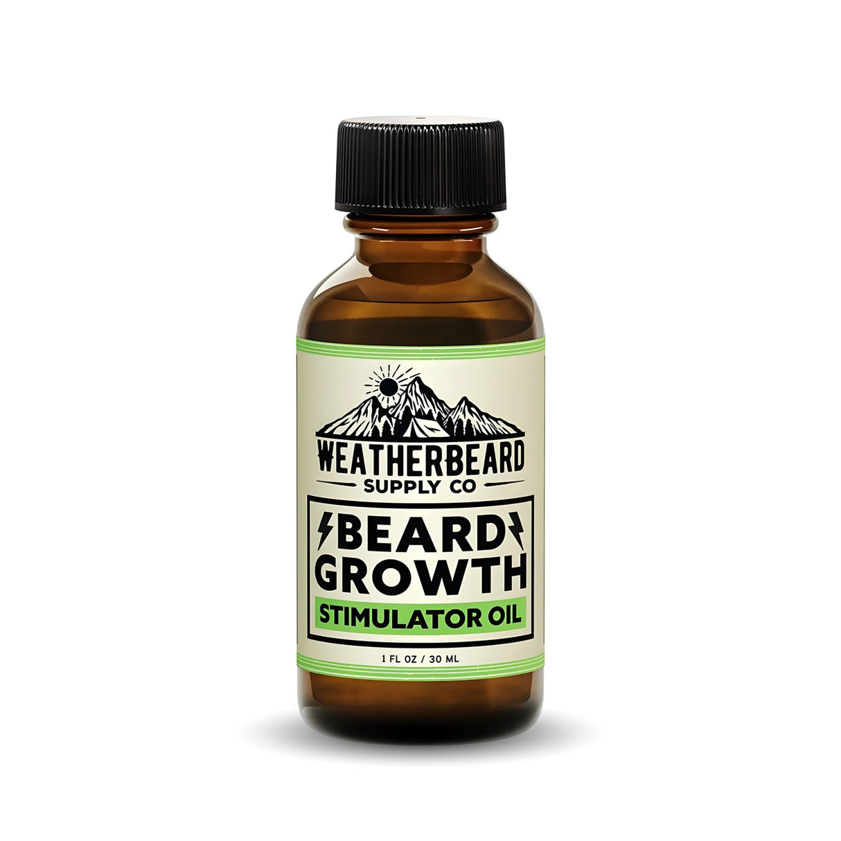 Bottle of Weatherbeard Supply Co. beard growth stimulator oil on a white background