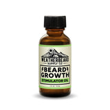 Bottle of Weatherbeard Supply Co. beard growth stimulator oil on a white background