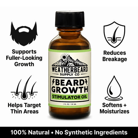 Bottle of Weathebeard Supply Co's Beard Growth Stimulator Oil with benefit icons highlighted