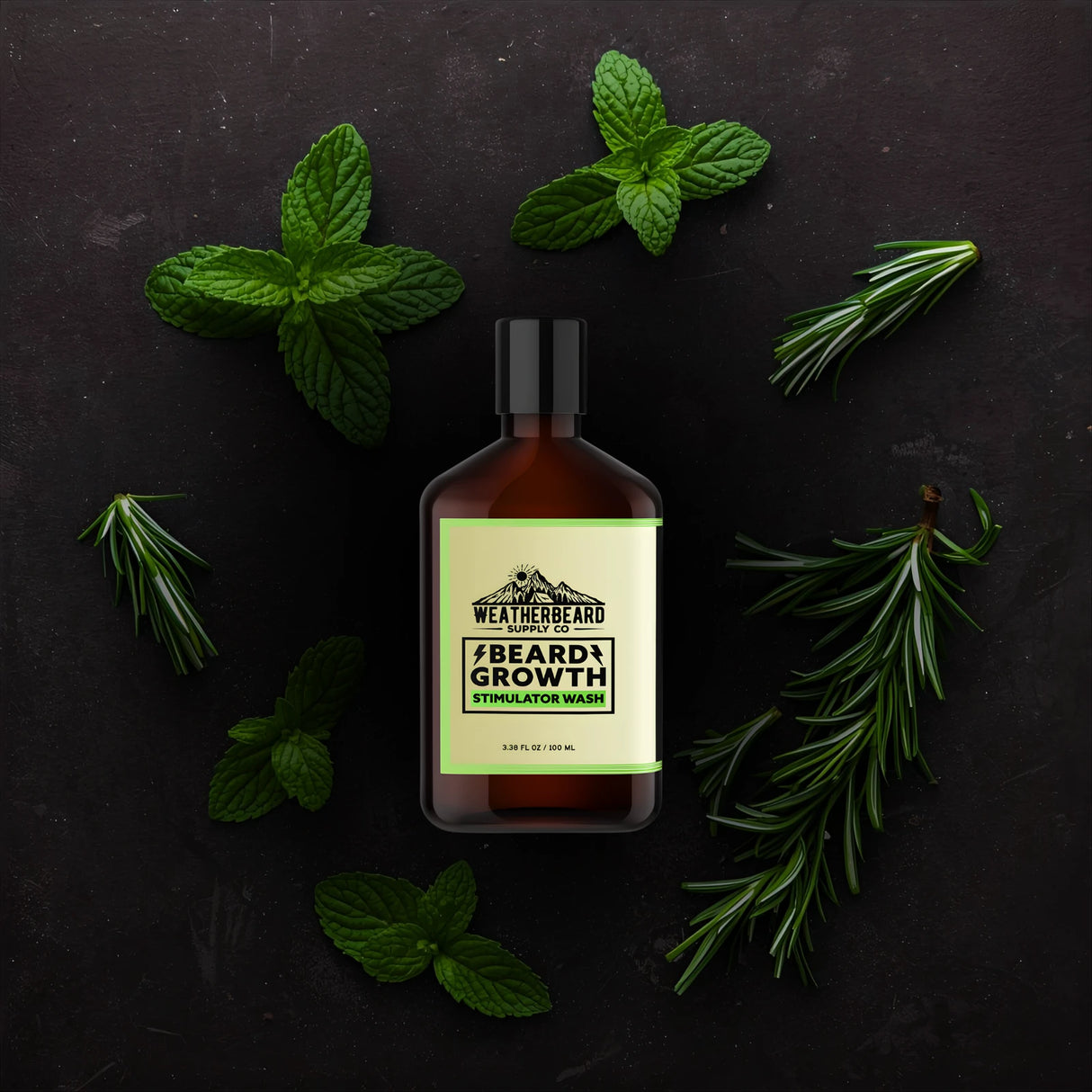 Bottle of beard growth stimulator wash with green leaves on a dark background