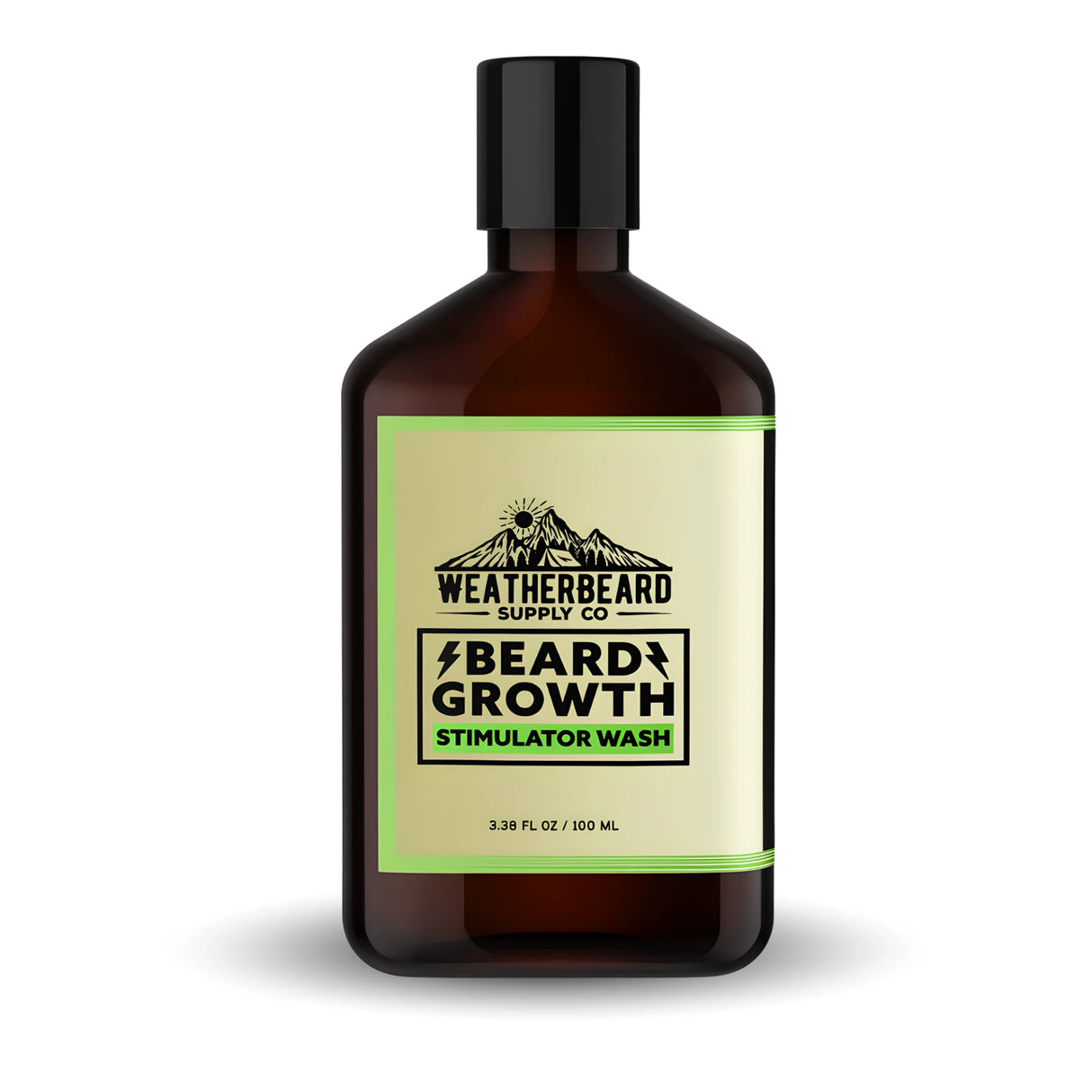 Bottle of Weatherbeard Supply Co. beard growth stimulator wash on a white background