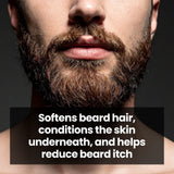 Close-up of a man's face with a beard, featuring text about beard care benefits.