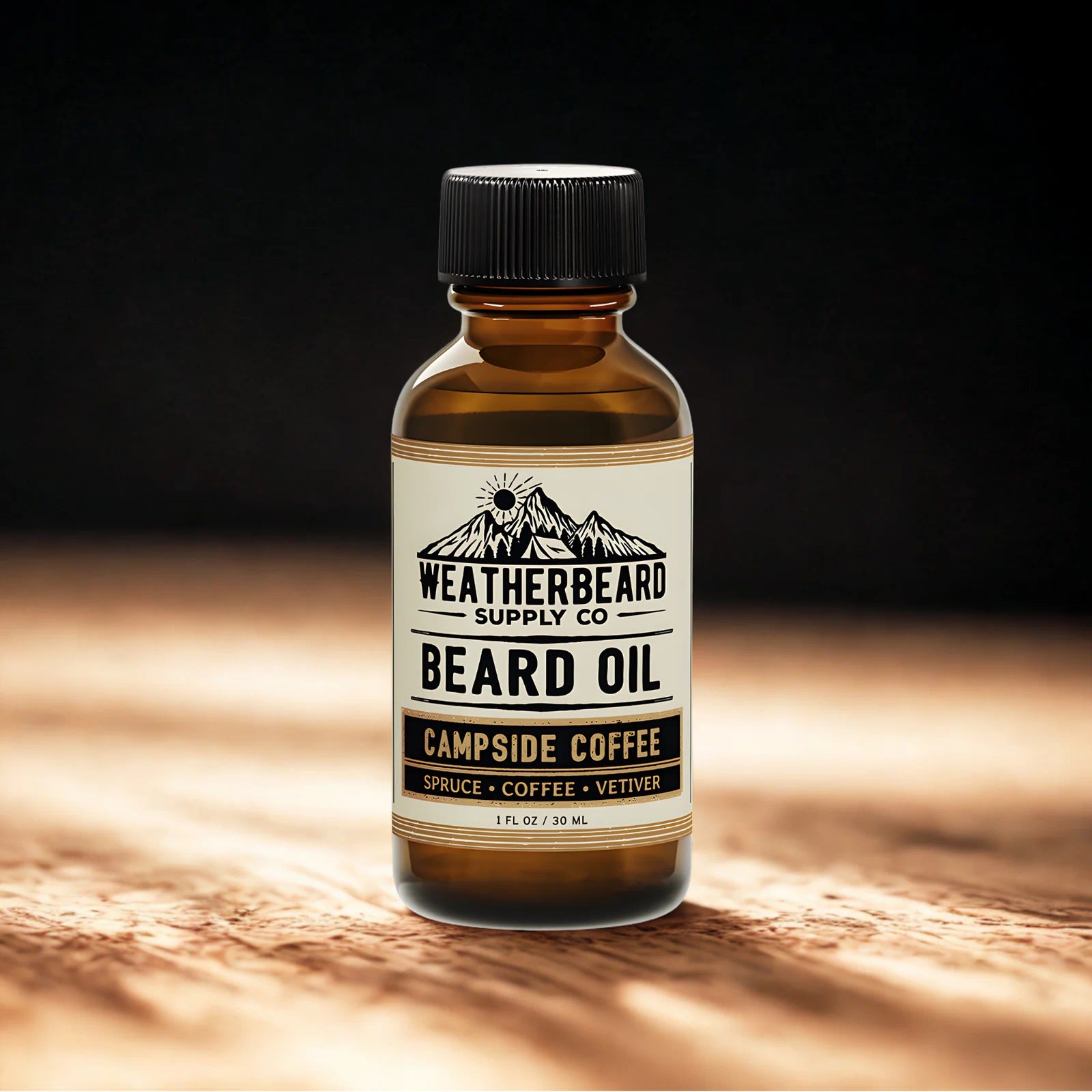 Bottle of Weatherbeard Supply Co. Campside Coffee beard oil on a wooden surface with a dark background