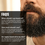 Close-up of a bearded man with beard oil application tips displayed.