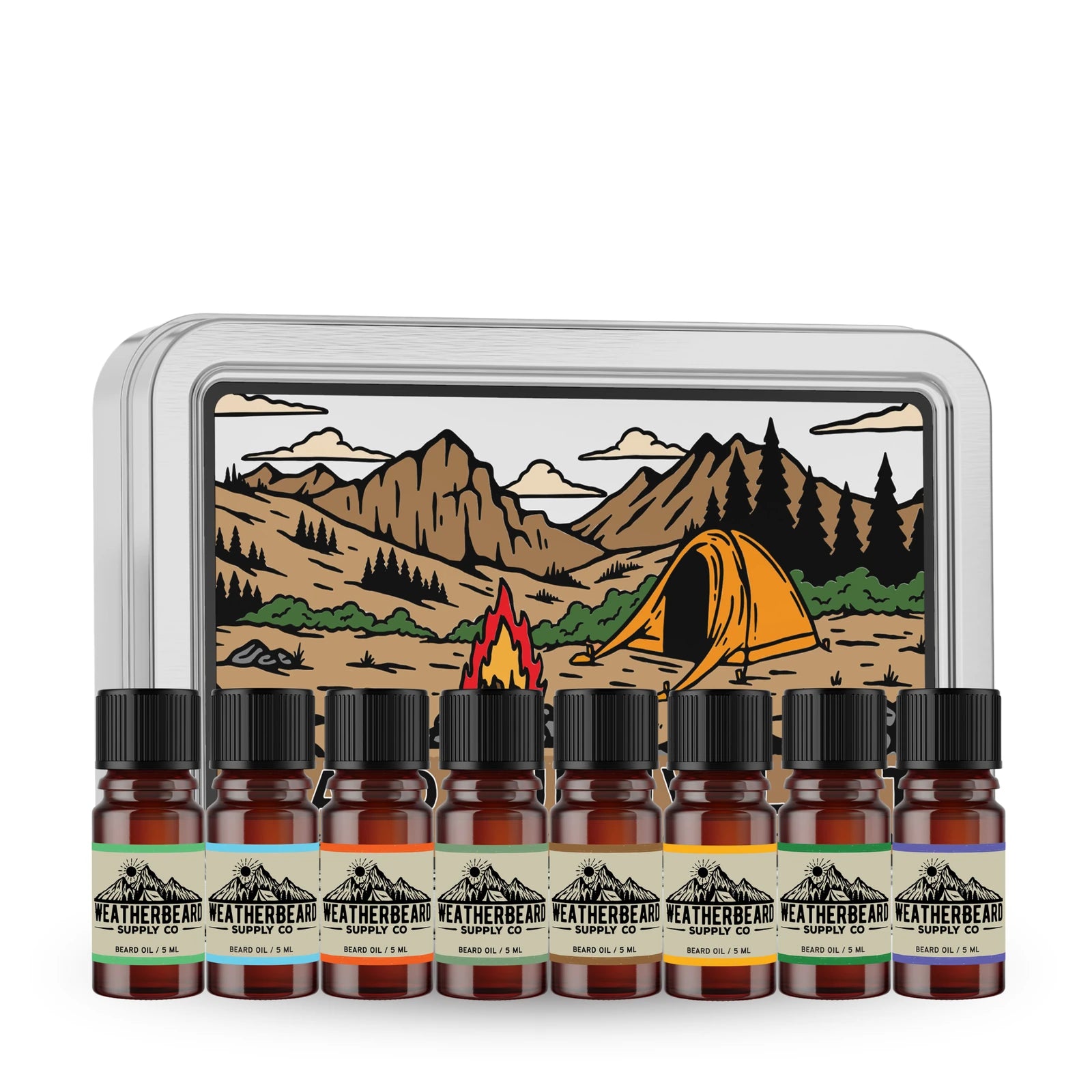 Set of Weatherbeard Supply Co Beard Oil Samples against a metal tin with tent illustration