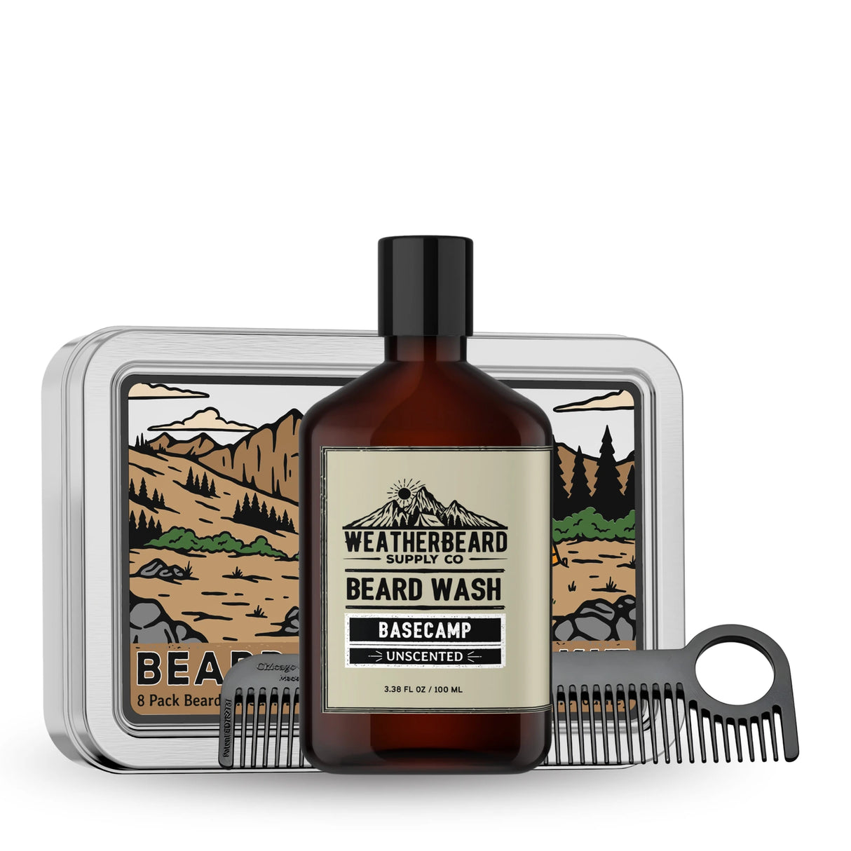 Weatherbeard Supply Co. beard wash bottle with a comb on a white background