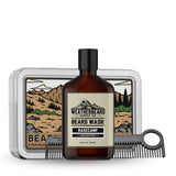 Weatherbeard Supply Co. beard wash bottle with a comb on a white background