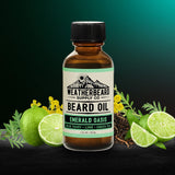 Bottle of Weatherbeard Supply Co. Beard Oil with lime and green tea leaves on a dark background