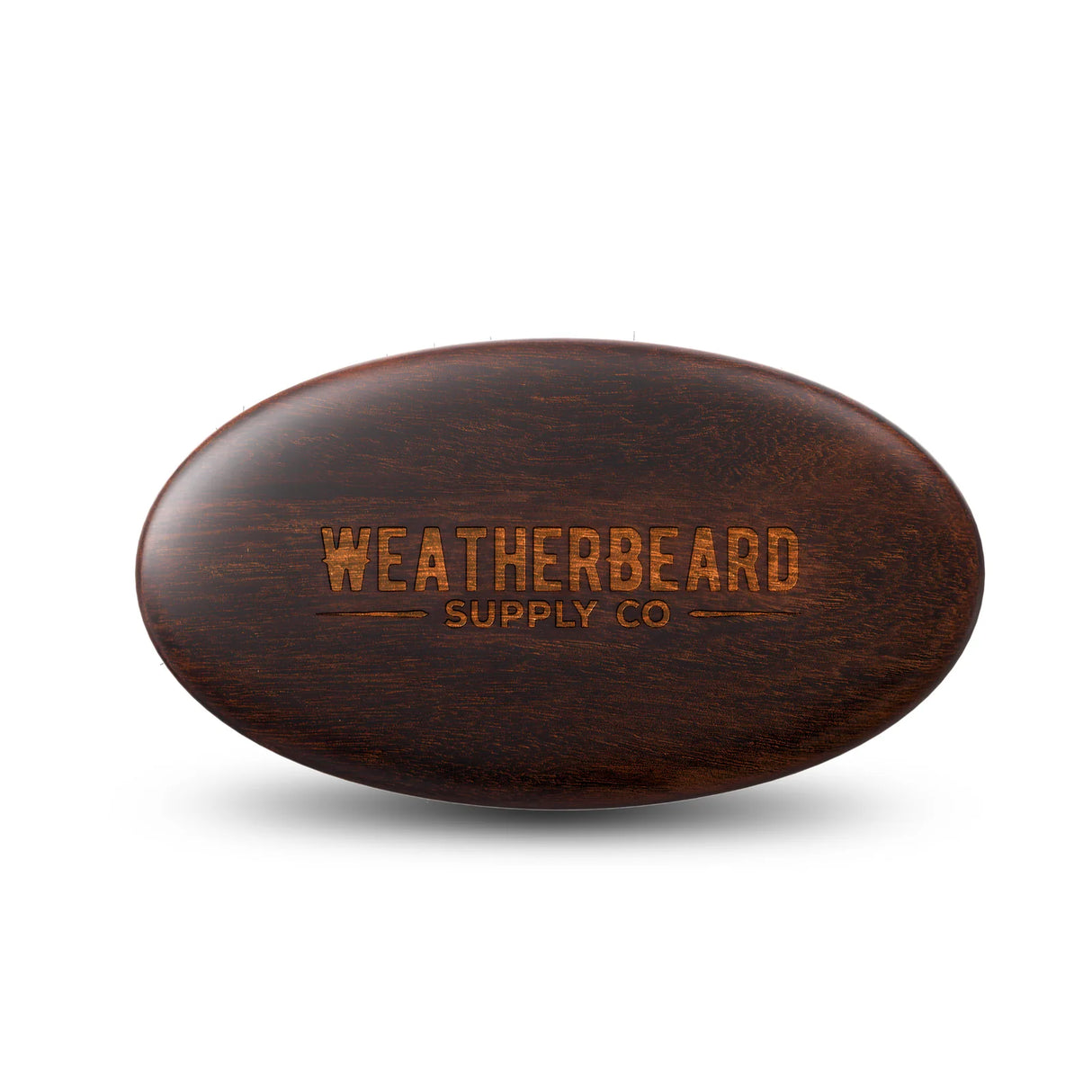 Boar hair beard brush with 'Weatherbeard Supply Co' branding on a white background