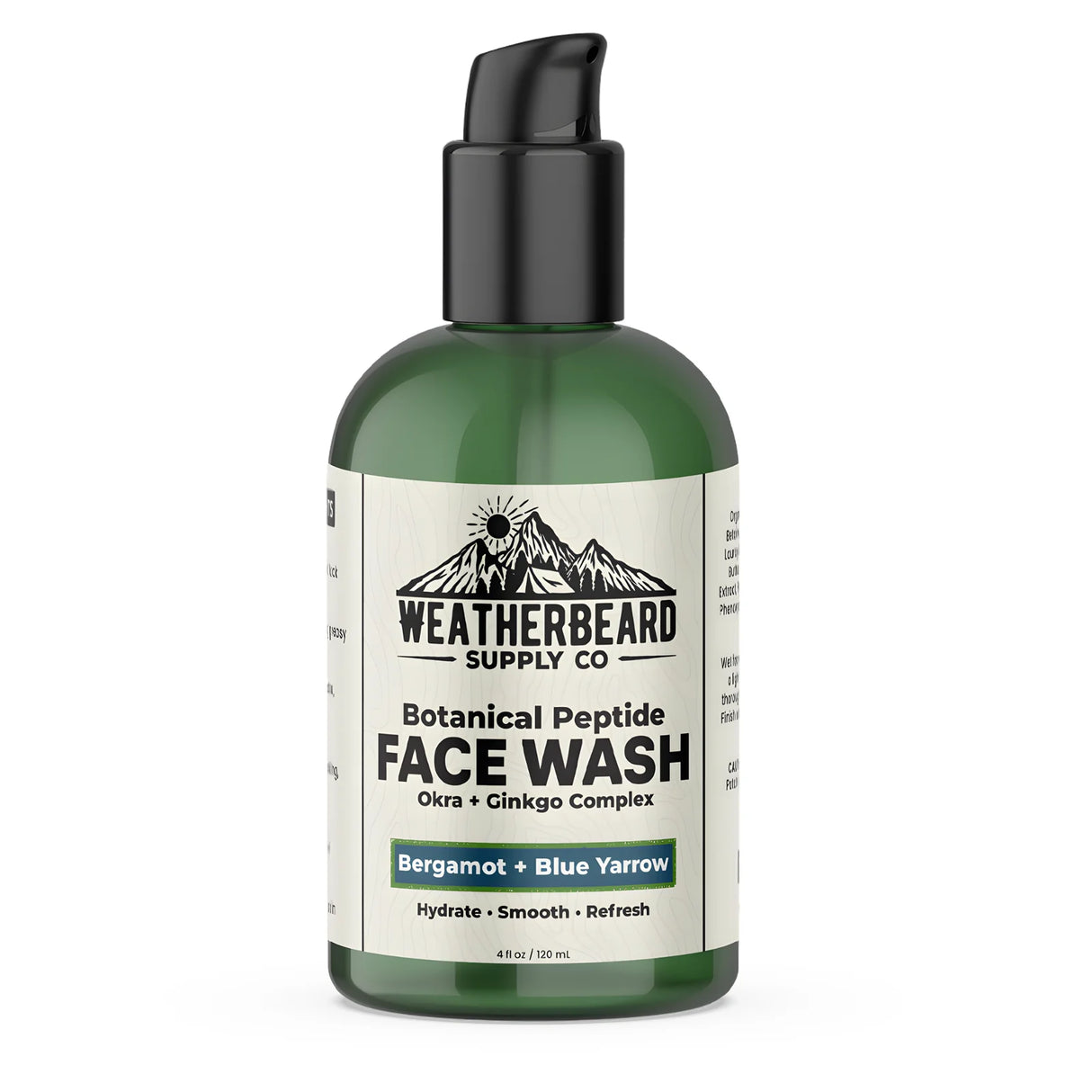Green bottle of Weatherbeard Supply Co. Botanical Peptide Face Wash on a white background