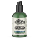 Green bottle of Weatherbeard Supply Co. Botanical Peptide Face Wash on a white background