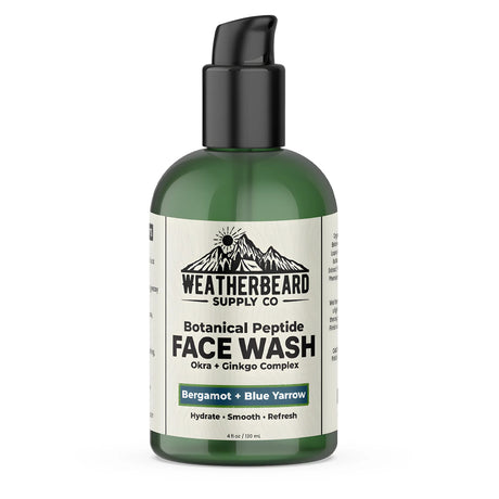 Green bottle of Weatherbeard Supply Co. Botanical Peptide Face Wash on a white background