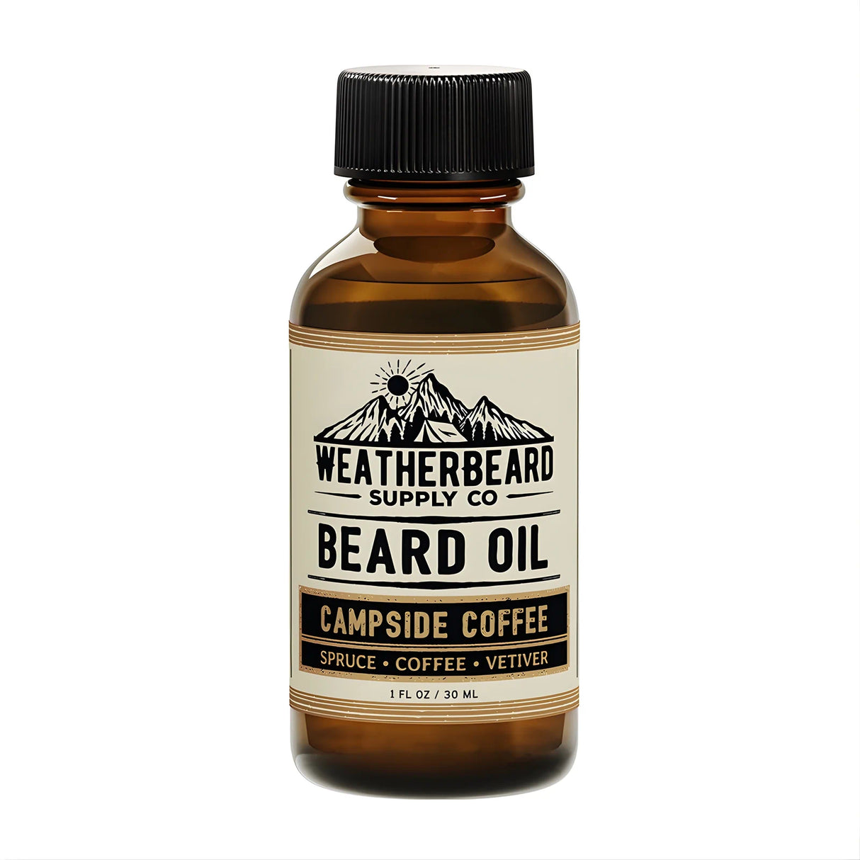 Bottle of Weatherbeard Supply Co. Campside Coffee beard oil on a white background