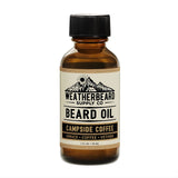 Bottle of Weatherbeard Supply Co. Campside Coffee beard oil on a white background