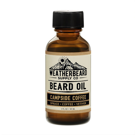 Bottle of Weatherbeard Supply Co. Campside Coffee beard oil on a white background