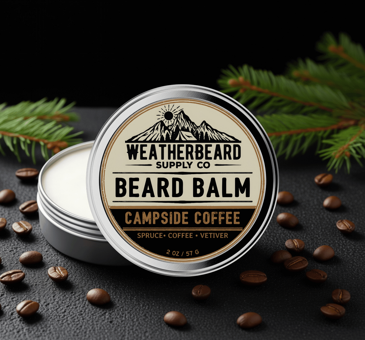 Weatherbeard Supply Co Campside Coffee Beard Balm container on a dark surface with coffee beans and spruce branches.