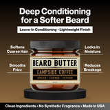 Jar of Campside Coffee beard butter with text highlighting its benefits on a brown background