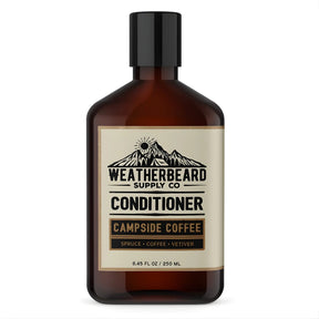 Brown bottle of Weatherbeard Supply Co. Campside Coffee beard conditioner on a white background