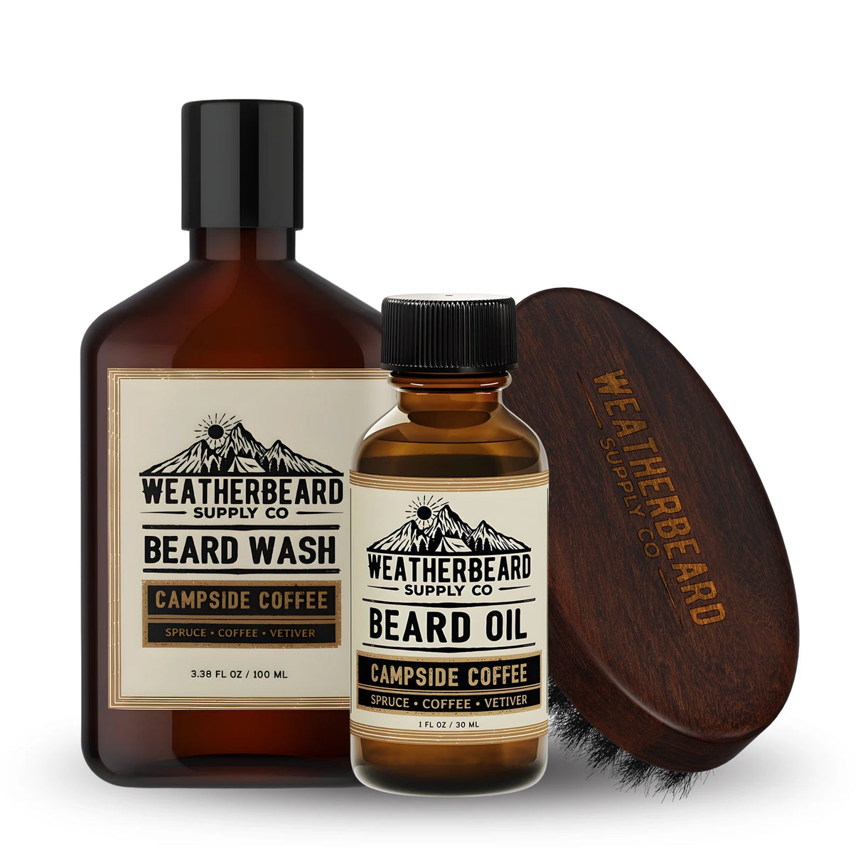 Weatherbeard Supply Co. beard care products including wash, oil, and wooden boar's hair brush on a white background.