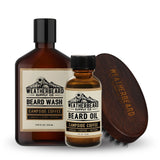 Weatherbeard Supply Co. beard care products including wash, oil, and wooden boar's hair brush on a white background.