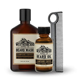 Beard care products including wash, oil, and comb from Weatherbeard Supply Co on a white background