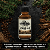 Bottle of Weatherbeard Supply Co. Campside Coffee beard oil with coffee beans and pine branches on a dark background