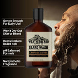 Bottle of Weatherbeard Supply Co's Campside Coffee Beard Wash with benefits listed