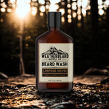 Bottle of Campside Coffee Beard Wash sitting out in the woods