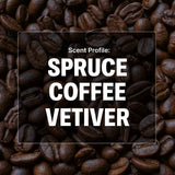 Coffee beans with text overlay 'Scent Profile: Spruce Coffee Vetiver' on a dark background