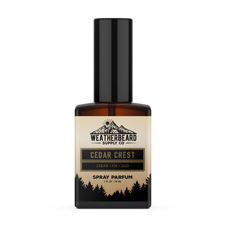 Bottle of Weatherbeard Supply Co Cedar Crest spray parfum on a white background