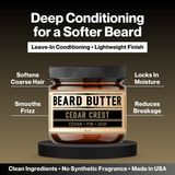 Jar of Cedar Crest Beard Butter with benefits highlighted on a brown gradient background