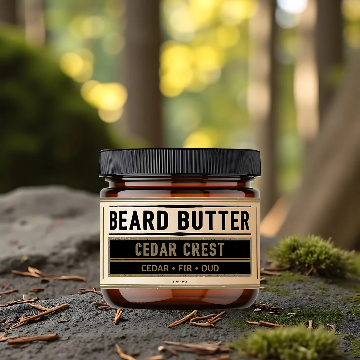 Jar of beard butter labeled 'Cedar Crest' with a forest background