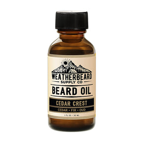 Bottle of Weatherbeard Supply Co Cedar Crest Beard Oil with a white background
