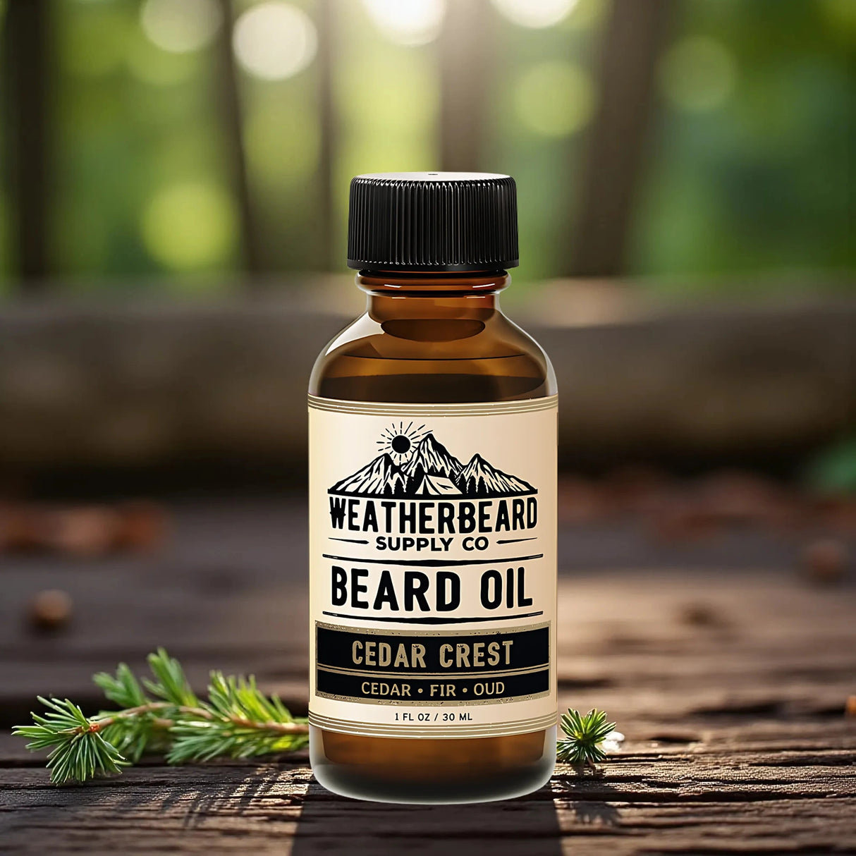 Bottle of Weatherbeard Supply Co. Cedar Crest beard oil on a wooden surface with a forest background.