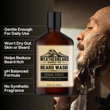 Bottle of Weatherbeard Supply Co's Cedar Crest Beard Wash with benefits listed beside it