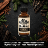 Bottle of Weatherbeard Supply Co. Cedar Crest beard oil with cedarwood and fir needles on a dark background
