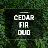 Text 'Scent Profile: Cedar Fir Oud' over a background of green cedar leaves.