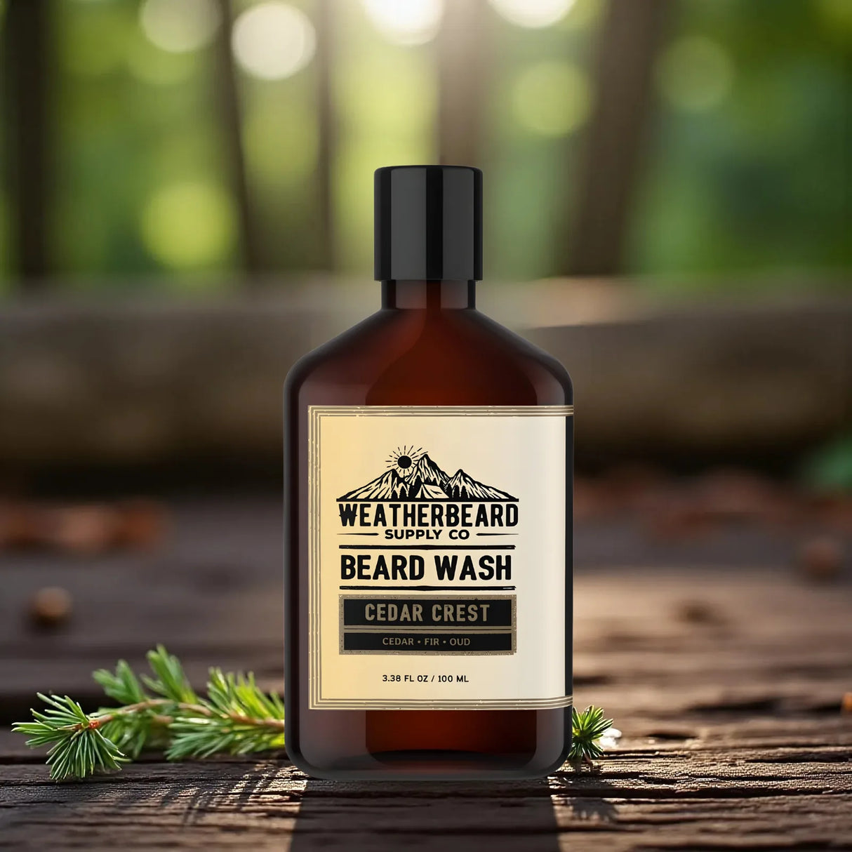 Bottle of Weatherbeard Supply Co's Cedar Crest Beard Wash sitting on a wood plank out in nature