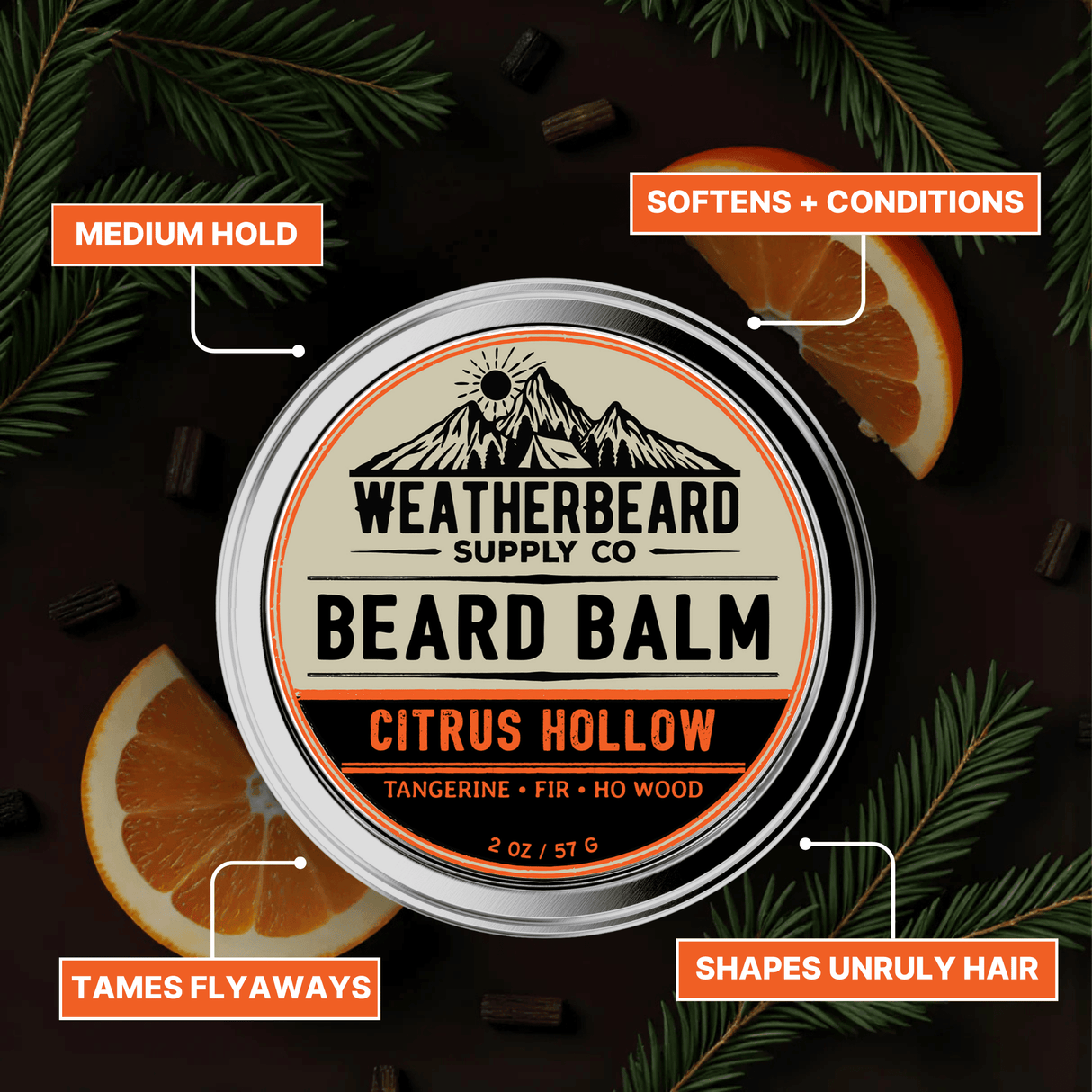 Weatherbeard Supply Co. Citrus Hollow Beard Balm container with citrus slices and greenery on a dark background