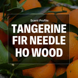Tangerines with leaves and text overlay 'Scent Profile: Tangerine Fir Needle Ho Wood' on a dark background