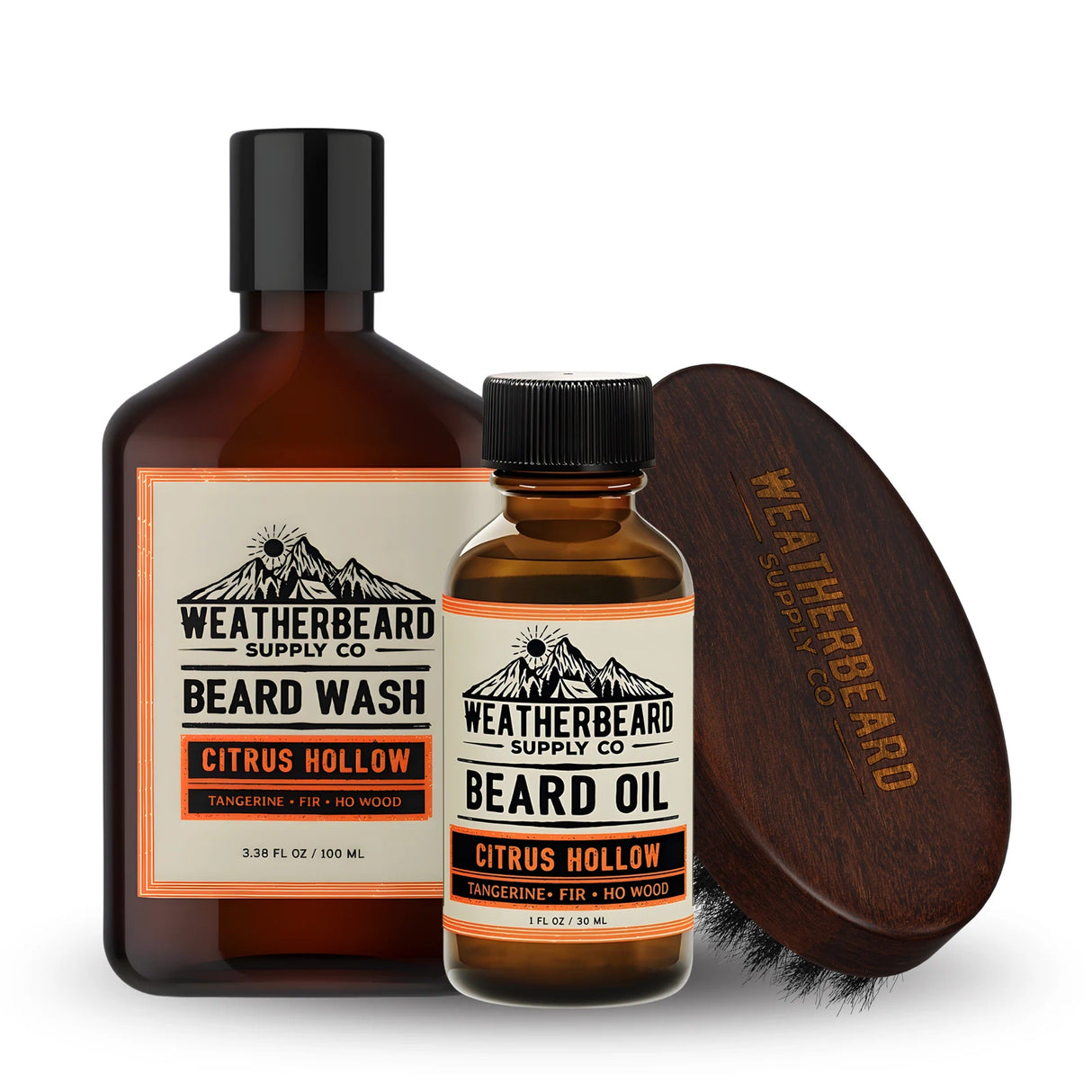 Weatherbeard Supply Co. beard care products including beard wash, beard oil, and a wooden beard brush on a white background.