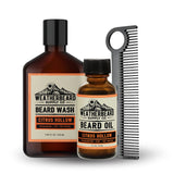 Weatherbeard Supply Co. beard care products including wash, oil, and comb on a white background